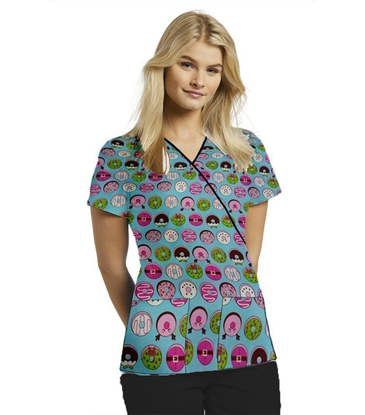 Poplin Women Donut Print Scrub Top mock wrap 3 pocket half sleeve with black piping