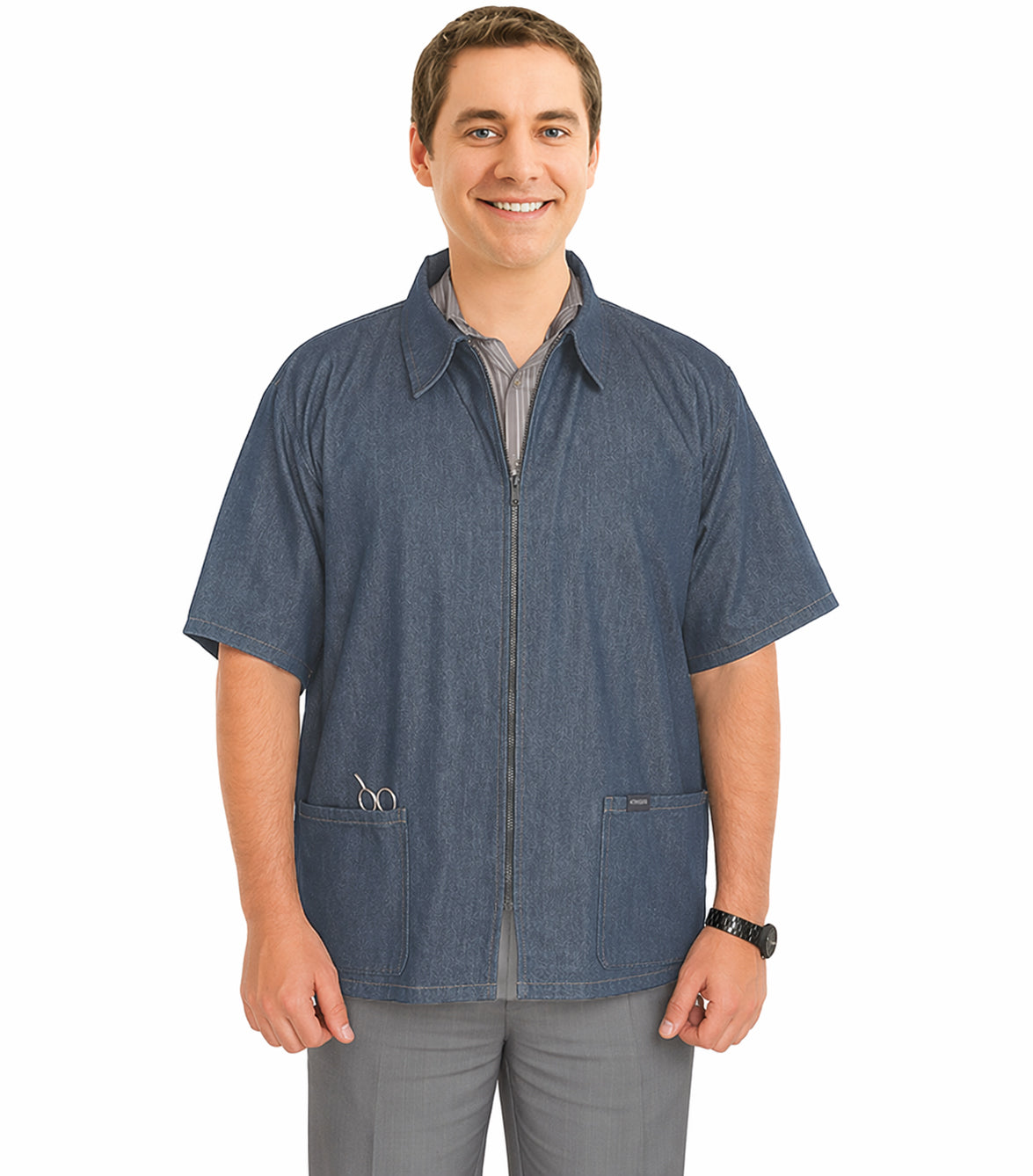 Denim barber jacket with collar 2 pockets half sleeve with zipper