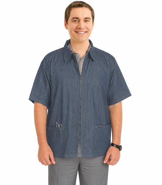 Denim barber jacket with collar 2 pockets half sleeve with zipper