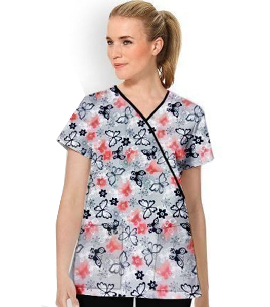 Poplin Women Butterfly Print Scrub Top mock wrap 3 pocket half sleeve with black piping