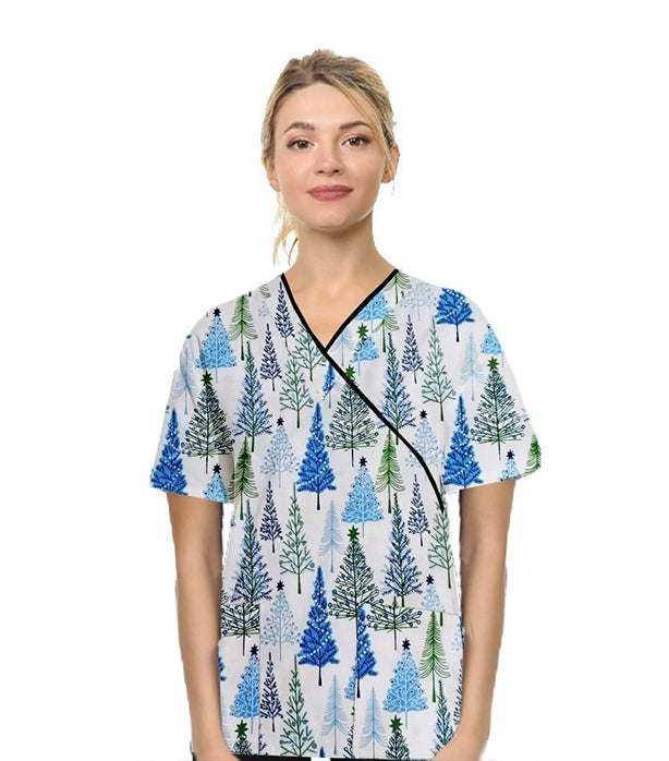 Poplin Women Christmas Tree Print Scrub Top mock wrap 3 pocket half sleeve with black piping