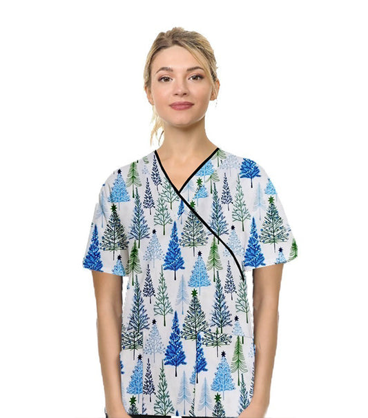 Poplin Women Christmas Tree Print Scrub Top mock wrap 3 pocket half sleeve with black piping