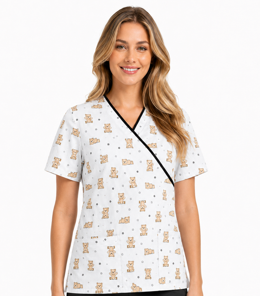 Poplin Women Teddy Bear Print Scrub Top mock wrap 3 pocket half sleeve with black piping