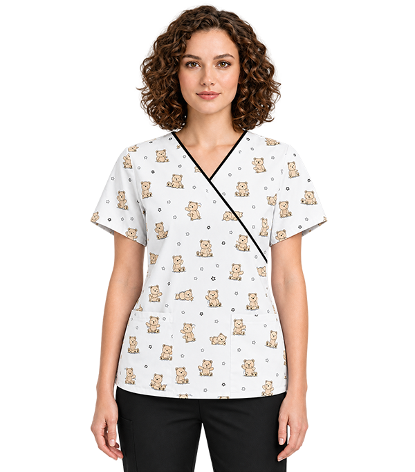 Teddy Bear Print Scrub Set Mock Wrap With Black Piping 5 Pocket Half Sleeves (Top 3 Pockets With Bottom 2 Pockets Boot cut)