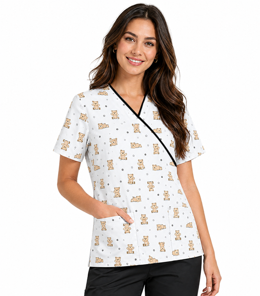 Teddy Bear Print Scrub Set Mock Wrap With Black Piping 5 Pocket Half Sleeves (Top 3 Pockets With Bottom 2 Pockets Boot cut)