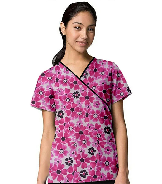 Poplin Women Pink Flowers Print Scrub Top mock wrap 3 pocket half sleeve with black piping