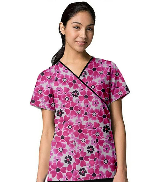 Poplin Women Pink Flowers Print Scrub Top mock wrap 3 pocket half sleeve with black piping