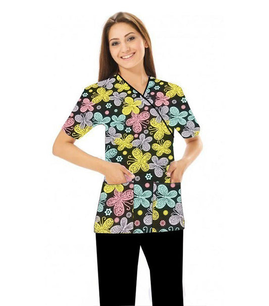 Multicolor Butterflies Print Scrub Set Mock Wrap With Black Piping 5 Pocket Half Sleeves (Top 3 Pockets With Bottom 2 Pockets Boot cut)