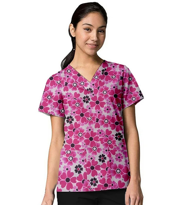 Pink Srub Pink Flowers Print Scrub Set 4 Pockets Ladies Half Sleeves (2 Pockets ...