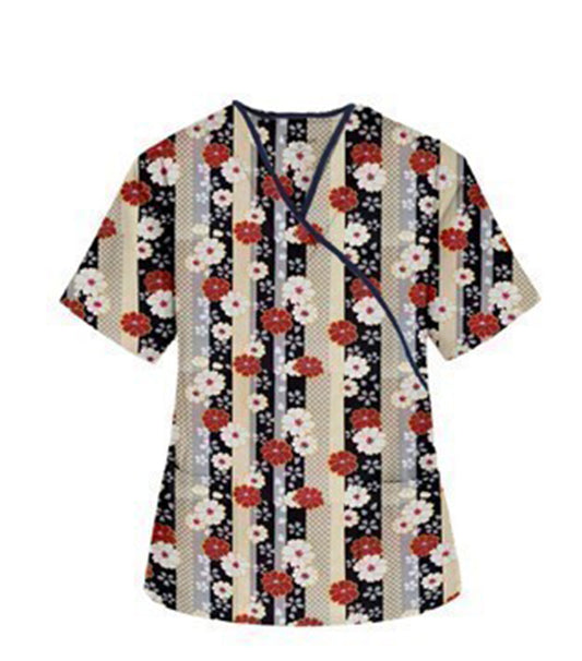 Red and Beige flowers with Grey backgroud Print Scrub Set Mock Wrap With Black Piping 5 Pocket Half Sleeves (Top 3 Pockets With Bottom 2 Pockets Boot cut)