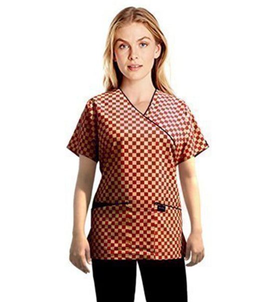 Poplin Women Red Square Print Scrub Top mock wrap 3 pocket half sleeve with black piping