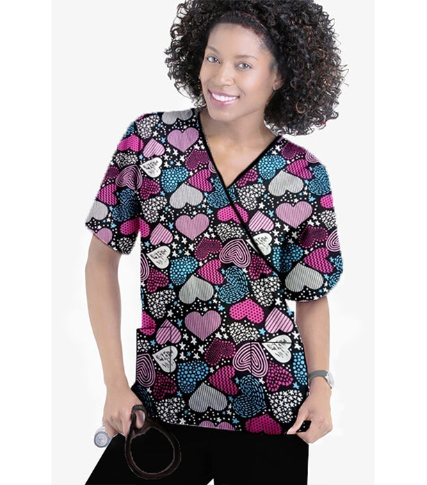 Magical Hearts Print Scrub Set Mock Wrap With Black Piping 5 Pocket Half Sleeves (Top 3 Pockets With Bottom 2 Pockets Boot cut)