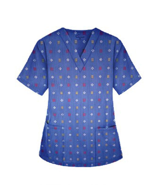 Shapes Print Top v neck 2 pocket half sleeves in Poplin Fabric 35% Cotton 65% Polyester