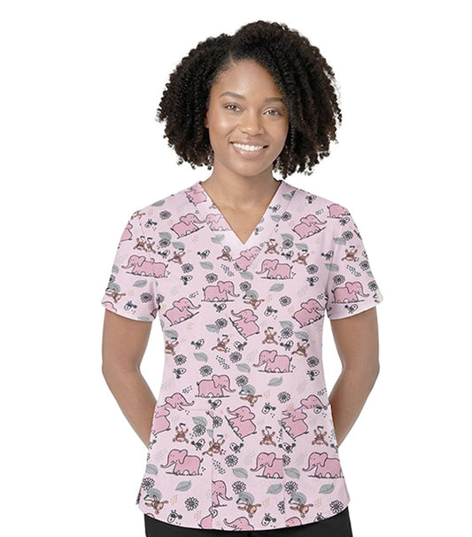 Interlock Stretch Women Elephant Print Scrub Top V Neck - 2 Pockets, Half Sleeves